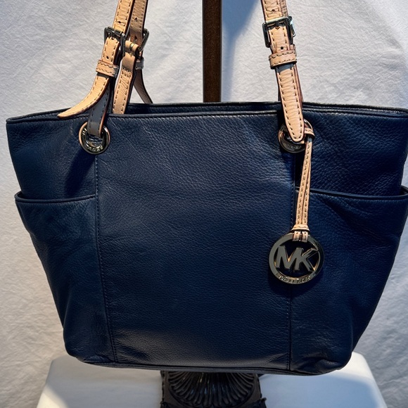 Michael Kors Dark Blue Tote with Tan Straps - Picture 2 of 13